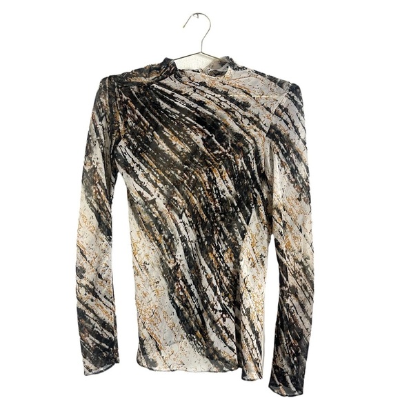 Zara Printed Draped Tulle Top Mesh Long Sleeves Shirt Size S - Picture 2 of 5